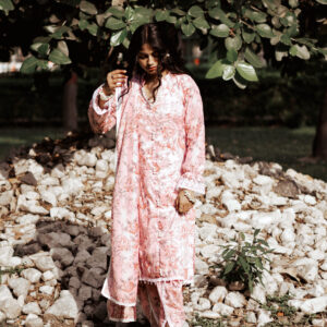 Baby pink hand beaded kurta set with tulip pant and Victoria sleeves