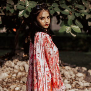 Red floral hand beaded kurta set with bell sleeves