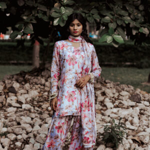 Floral Farsi salwar kameez with hand-made crystal tassels