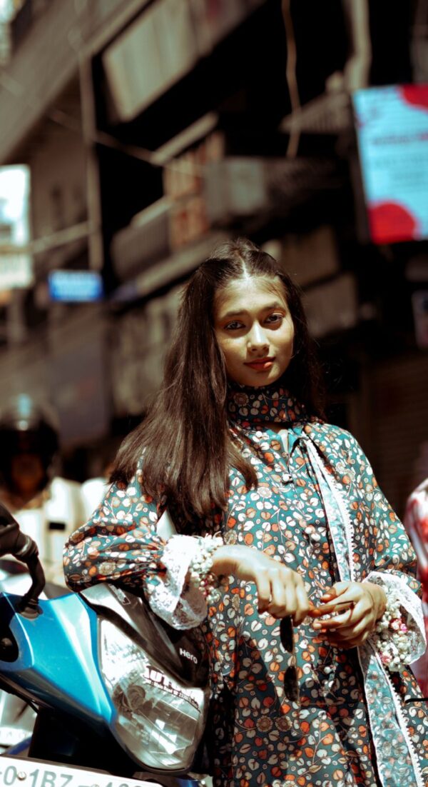 Teal blue hand beaded kurta set with tulip pant and Victoria sleeves - Image 4