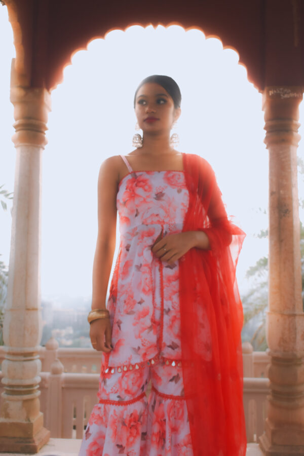 "GULMOHAR" Red floral sharara kurta set with intricate lace work - Image 6
