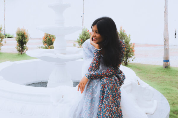 "GULMOHAR” Blue floral sharara kurta set with intricate lace work - Image 3