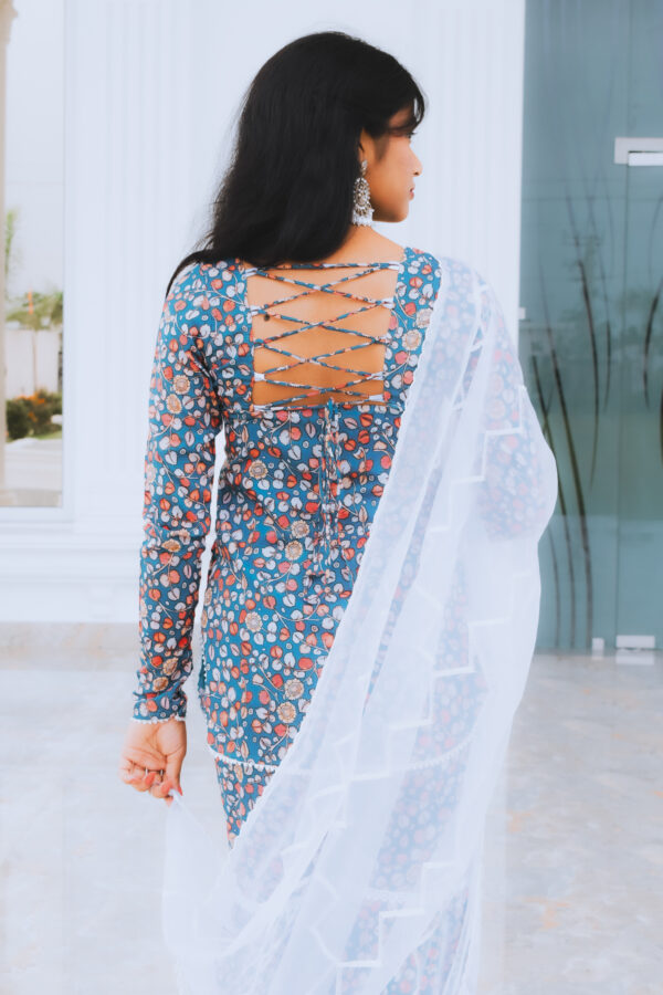 "GULMOHAR” Blue floral sharara kurta set with intricate lace work - Image 4