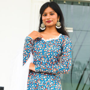 "GULMOHAR” Blue floral sharara kurta set with intricate lace work