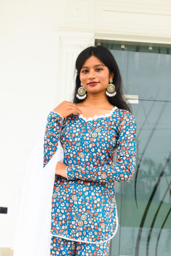 "GULMOHAR” Blue floral sharara kurta set with intricate lace work