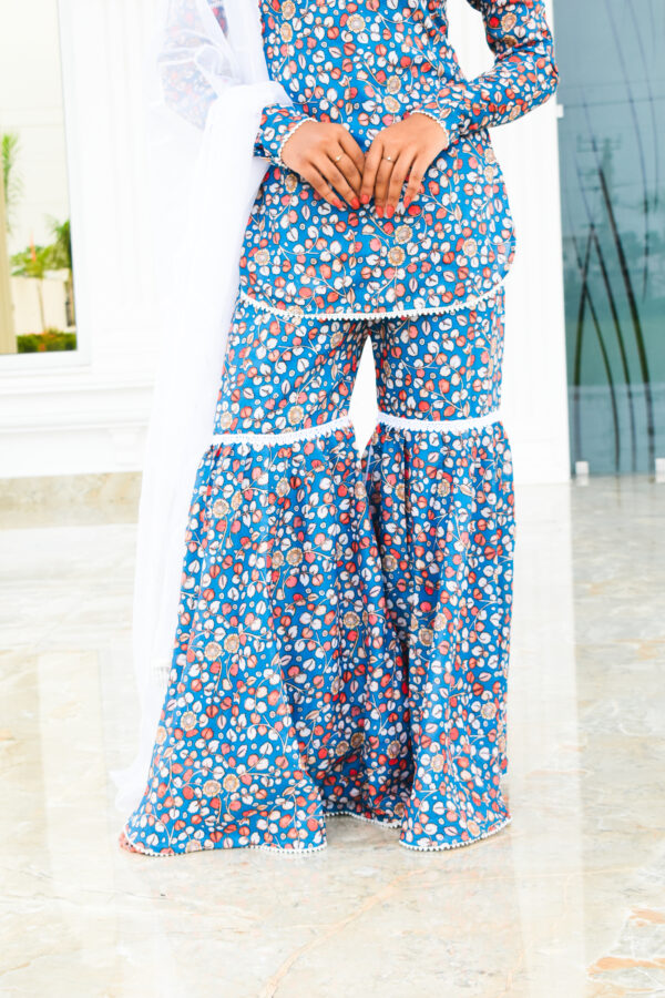 "GULMOHAR” Blue floral sharara kurta set with intricate lace work - Image 5