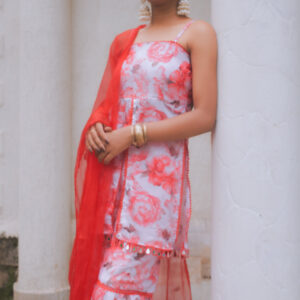 "GULMOHAR" Red floral sharara kurta set with intricate lace work