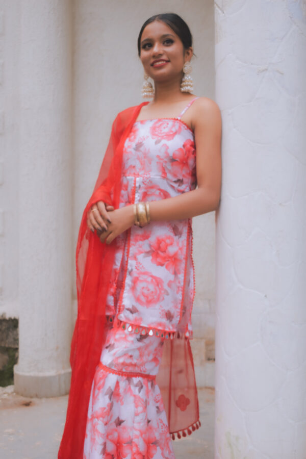 "GULMOHAR" Red floral sharara kurta set with intricate lace work