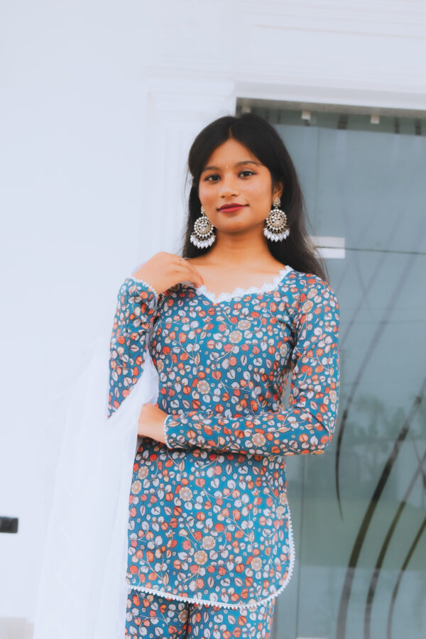 "GULMOHAR” Blue floral sharara kurta set with intricate lace work - Image 2